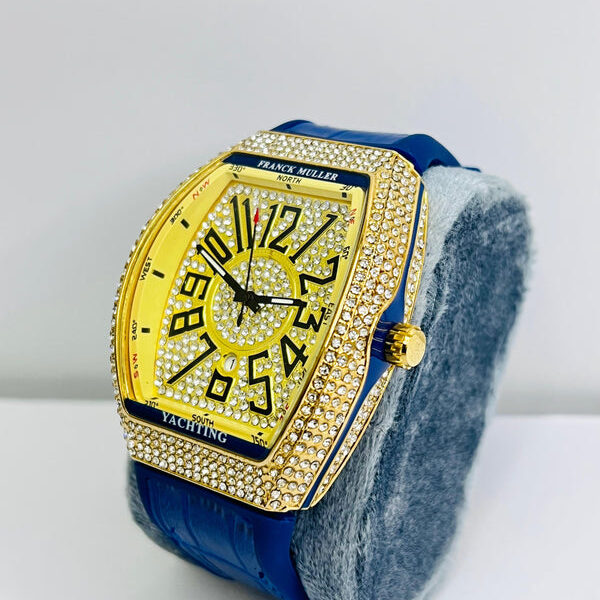 Franck Muller Blue Leather Strap Watch With Diamond Dial And Date