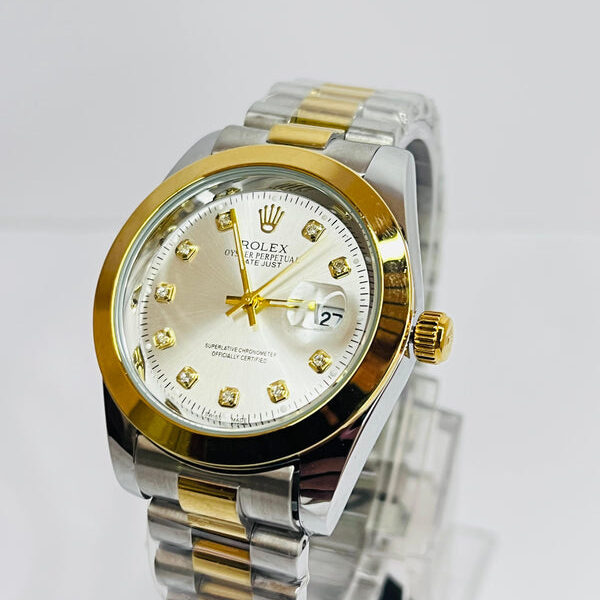 "Rolex-Inspired Two-Tone Diamond Silver Dial Watch"